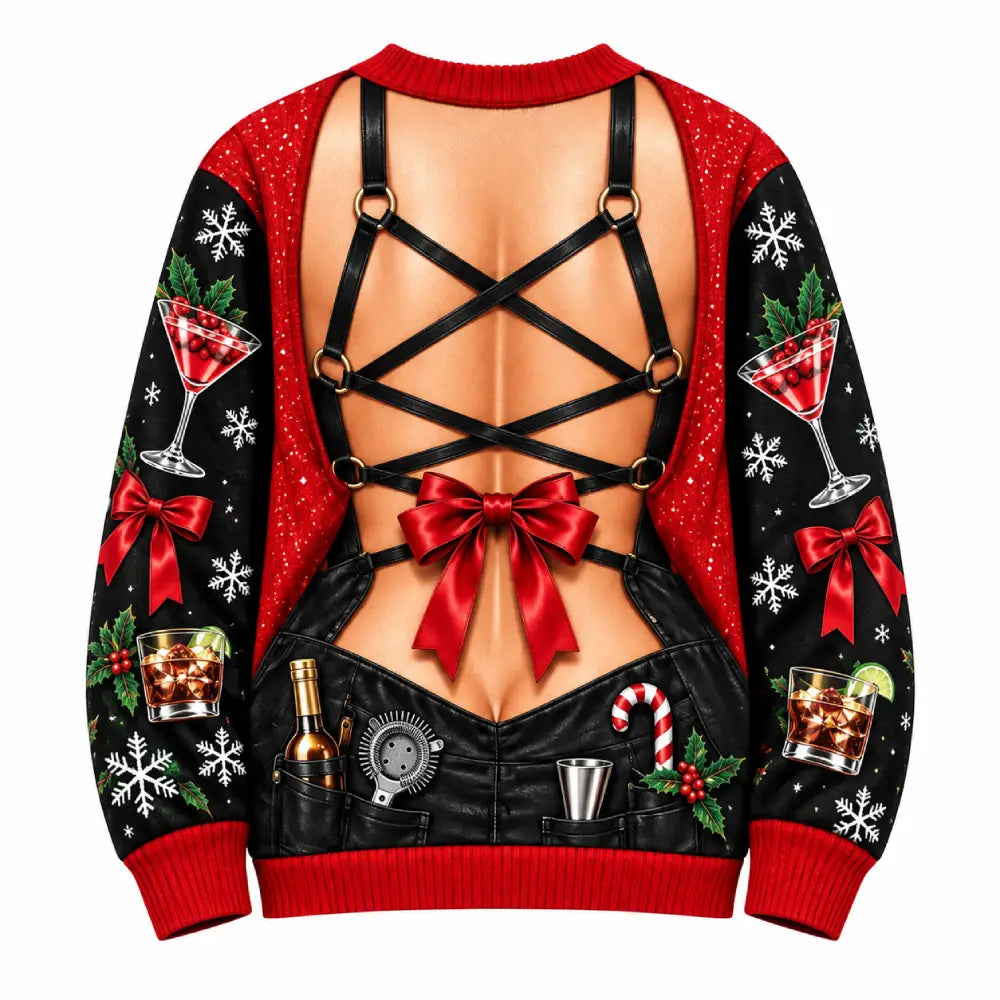 Naughty Bartender Christmas Sweater – Funny 3D Illusion Print