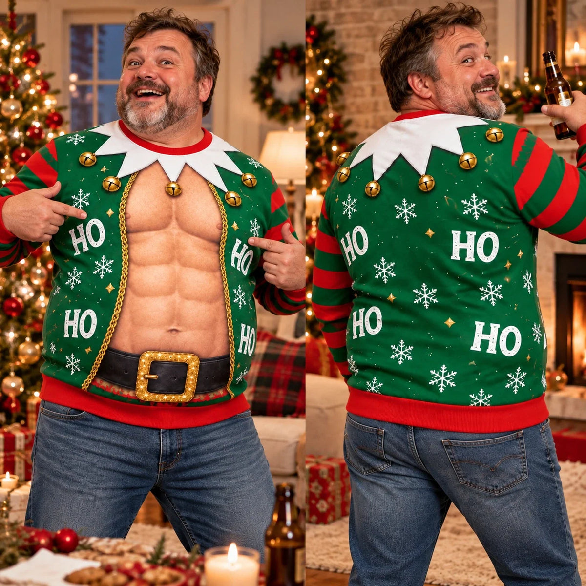 Men's Funny Christmas Fake Abs Sweatshirt – Elf Muscle Ugly Christmas Sweater