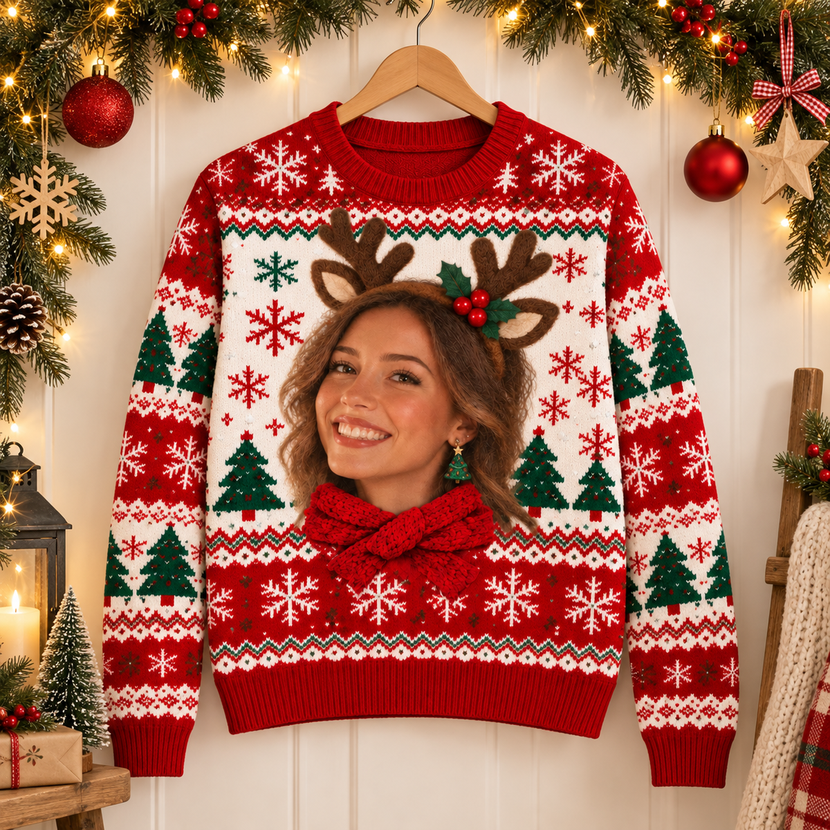 Custom Photo Ugly Christmas Sweater – Personalized Face Reindeer Print Sweatshirt