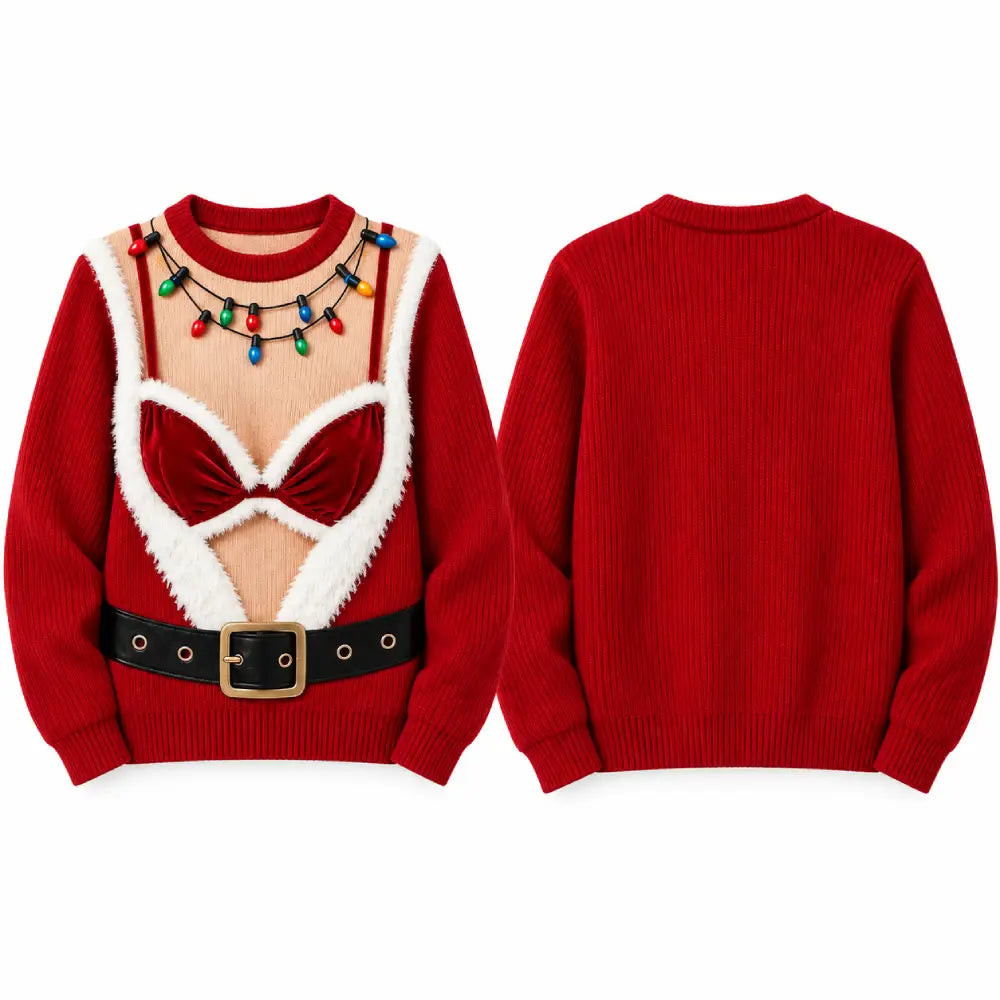 Funny Christmas Illusion Sweater for Women – Santa Lingerie, Belt & Christmas Lights Print