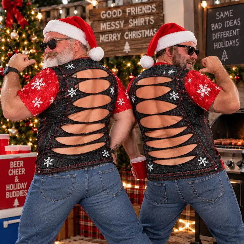 Funny Biker Santa Muscle Illusion Christmas Shirt – Ripped Back Holiday Tee