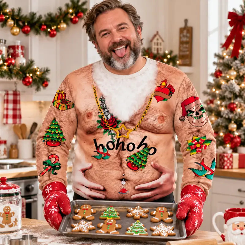 Custom Ho Ho Ho Tattoo Belly 3D Christmas Sweatshirt – Funny Ugly Christmas Sweatshirt