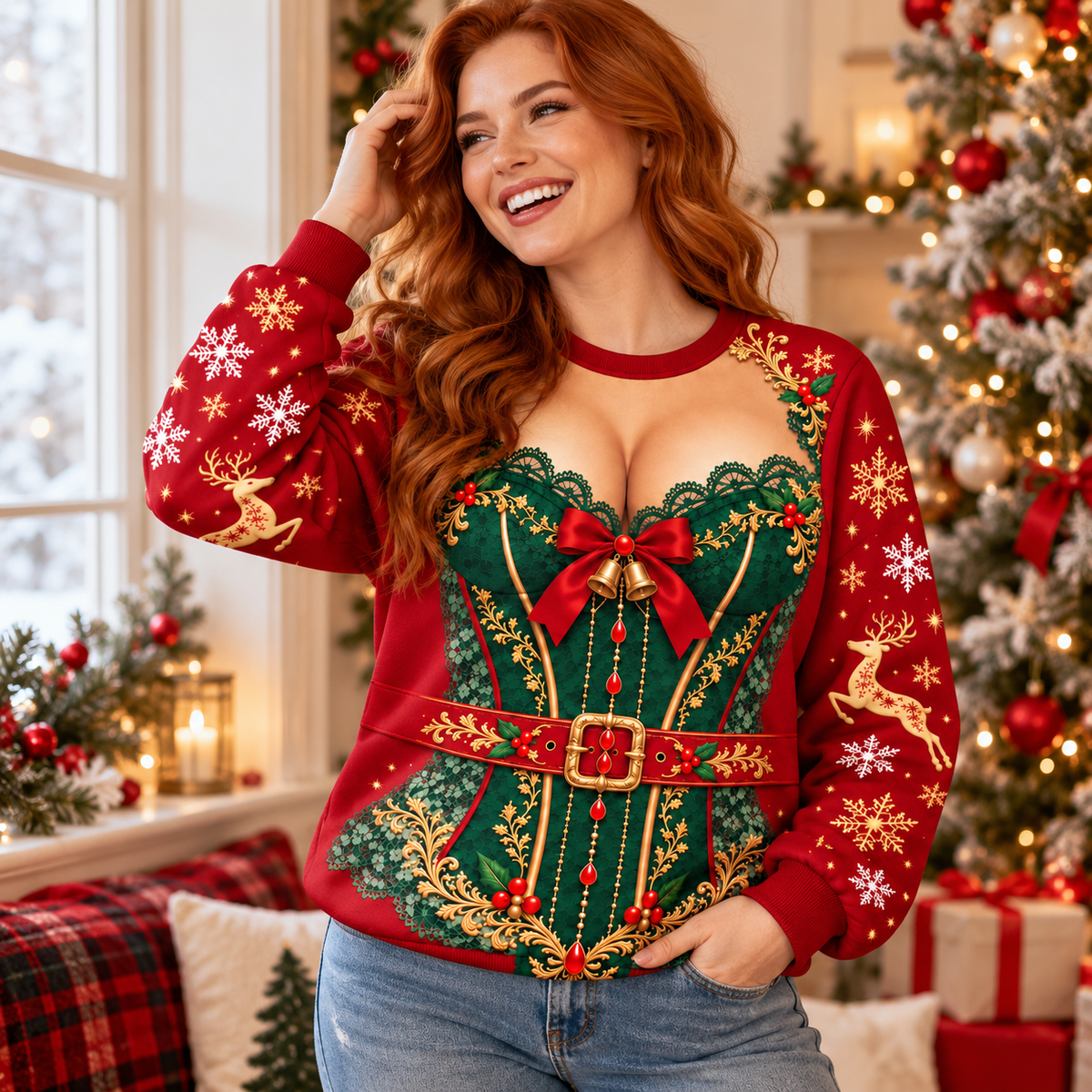 Women’s Reindeer Lace Christmas Sweatshirt – Funny Festive Holiday Pullover