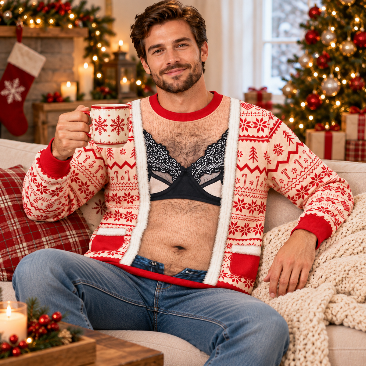 Funny Lace Bra Body Illusion Christmas Sweatshirt – Men’s Ugly Christmas Novelty Pullover