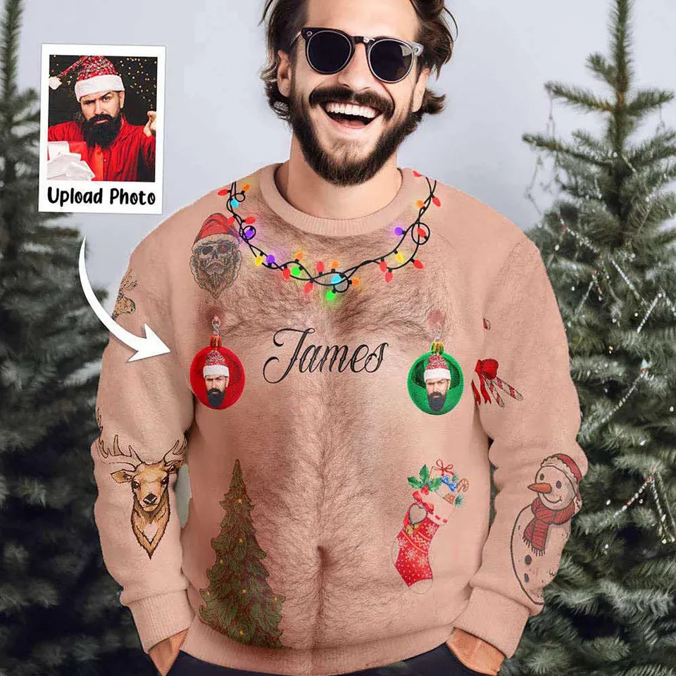 Personalized Hairy Chest Christmas Sweatshirt – Custom Photo & Name