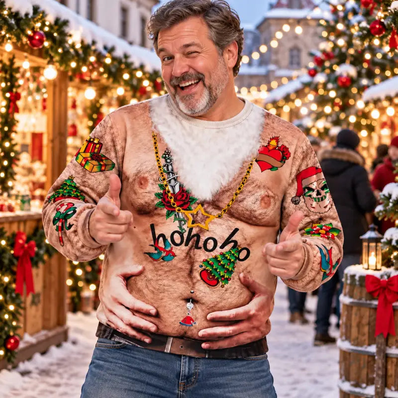 Custom Ho Ho Ho Tattoo Belly 3D Christmas Sweatshirt – Funny Ugly Christmas Sweatshirt