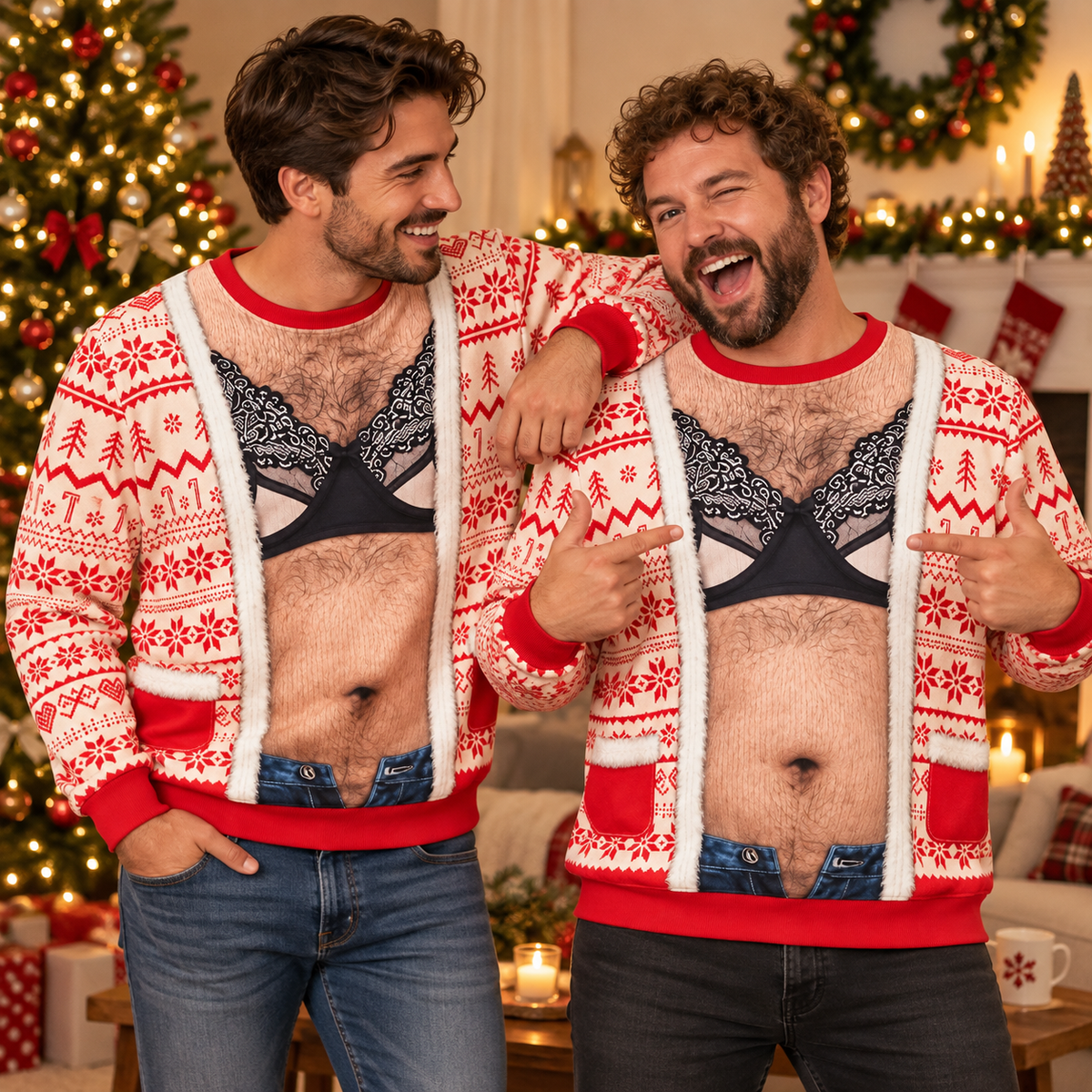 Funny Lace Bra Body Illusion Christmas Sweatshirt – Men’s Ugly Christmas Novelty Pullover