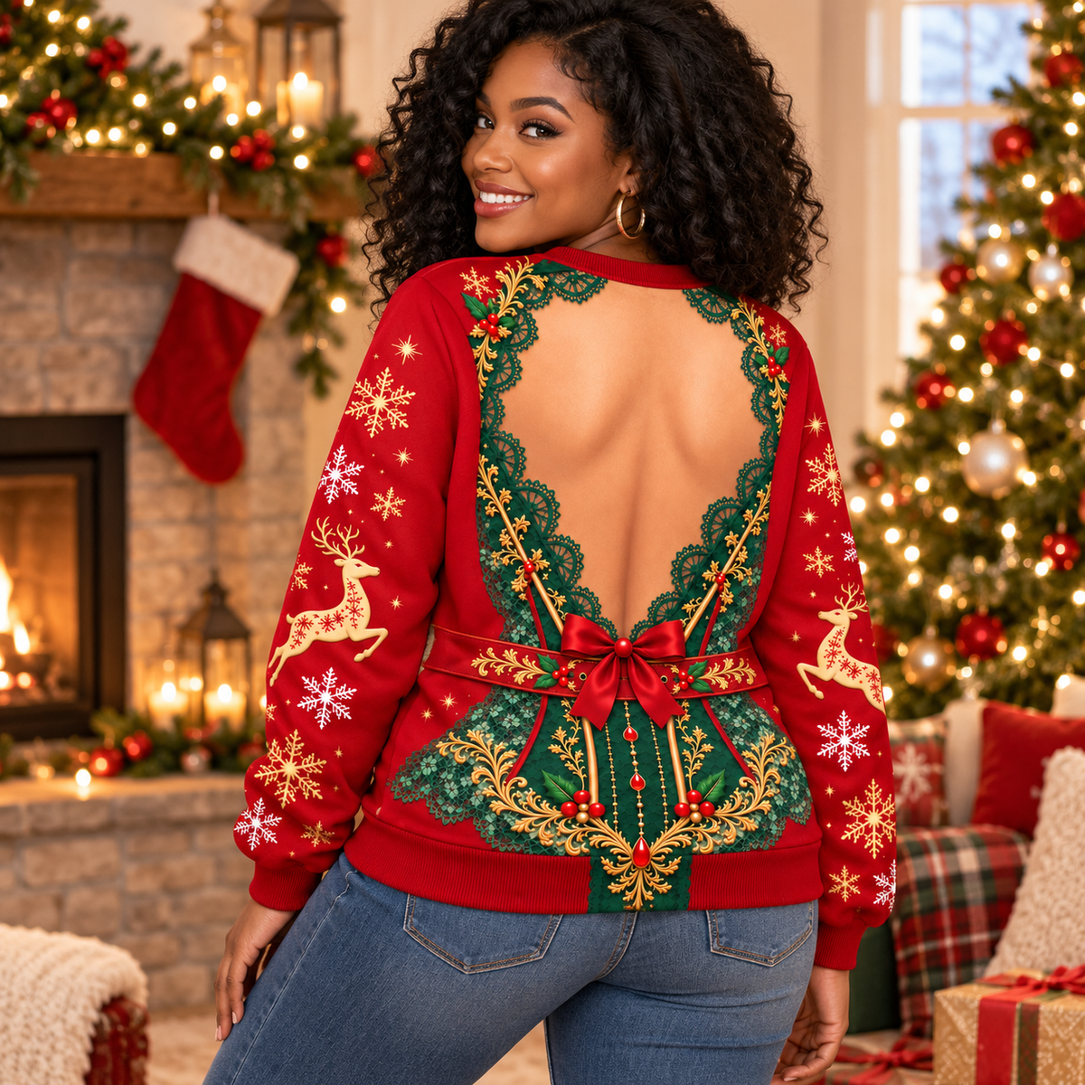 Women’s Reindeer Lace Christmas Sweatshirt – Funny Festive Holiday Pullover