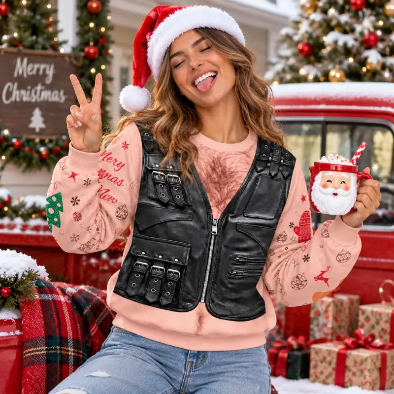 Funny Christmas Leather Vest Sweatshirt | Holiday Gift