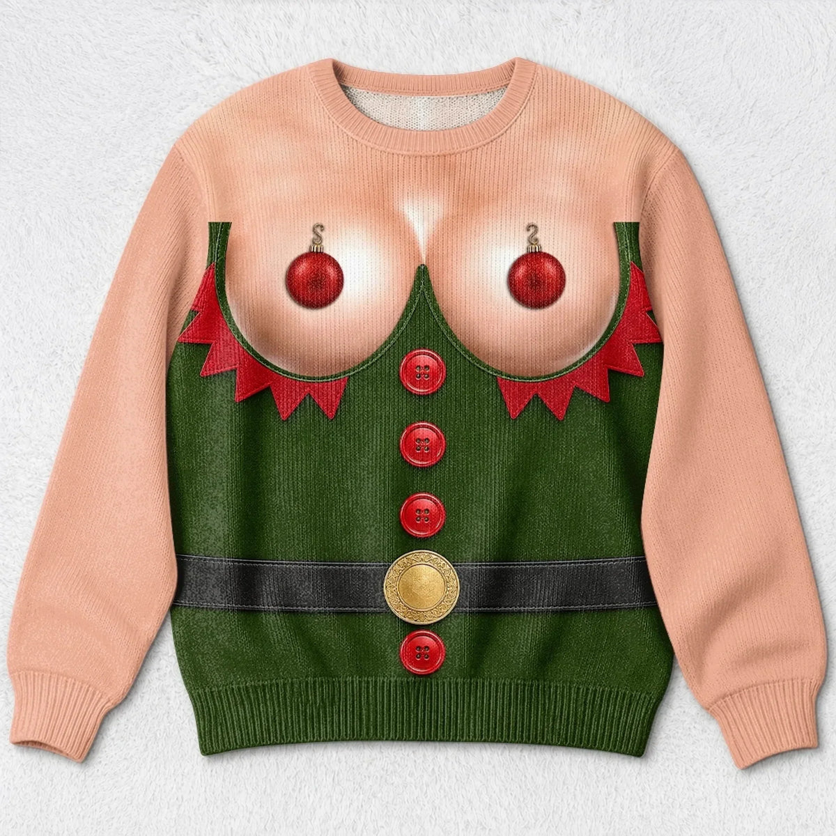 Funny Ornament Bust Elf Print Sweatshirt – Playful Christmas Statement Top