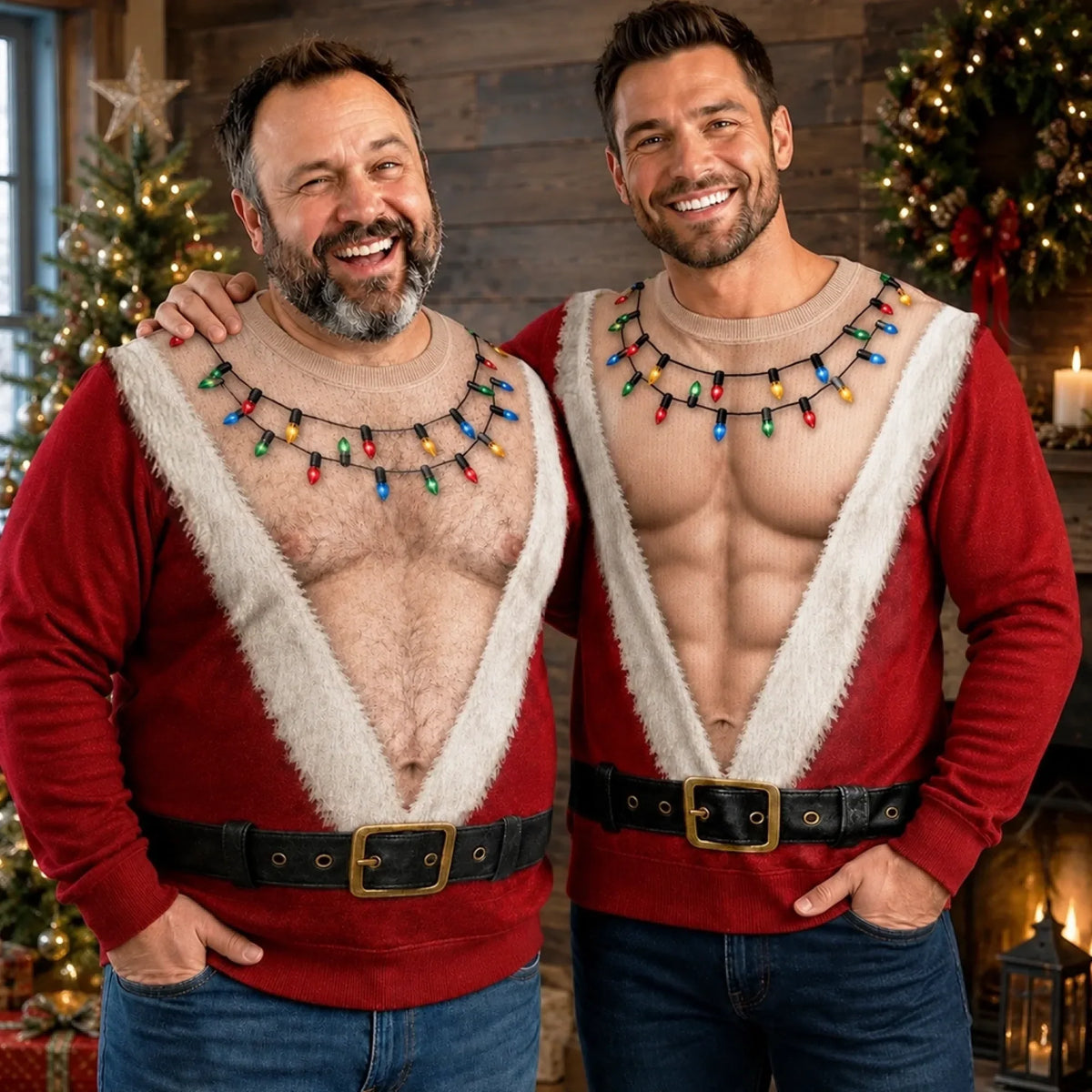Funny Santa Abs Christmas Light Print Sweatshirt – Men's Ugly Christmas Pullover