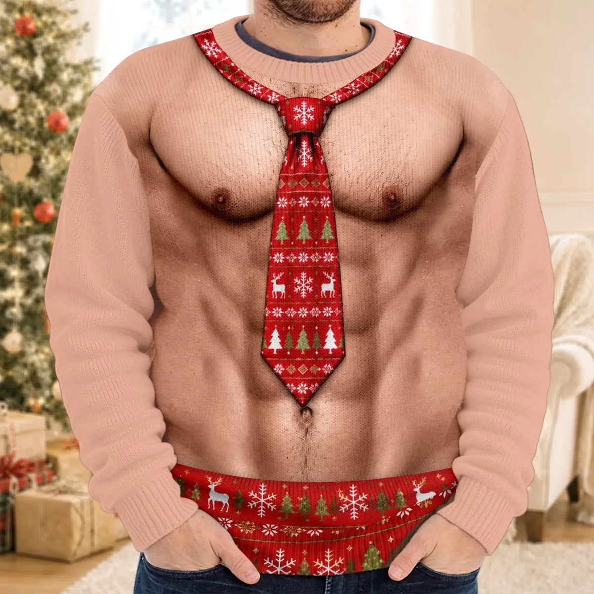 Funny Festive Tie Fake Torso Print Sweatshirt – Hilarious Xmas Novelty Jumper