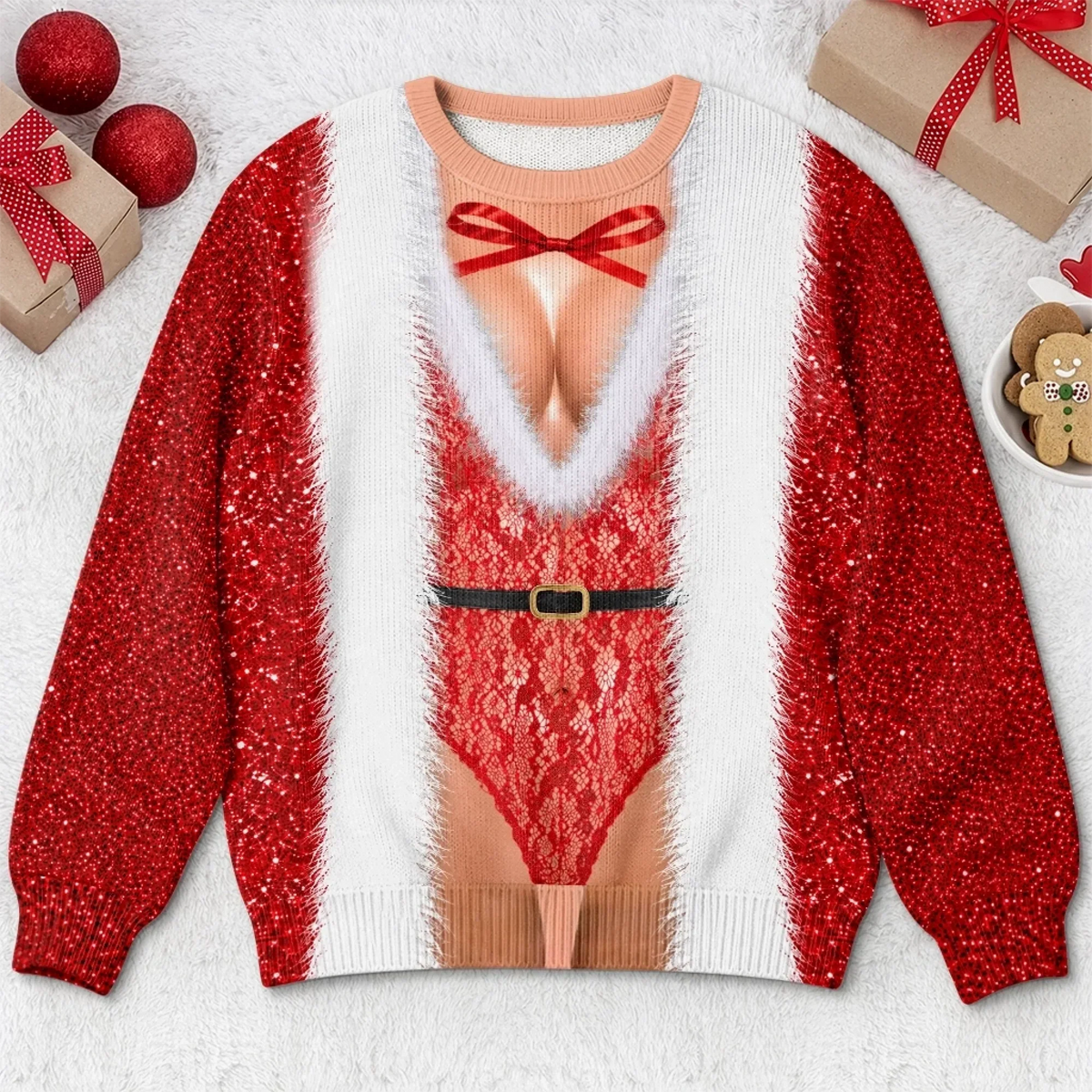 Funny Lace Santa Bodysuit Print Sweatshirt – Bold Christmas Party Sweater