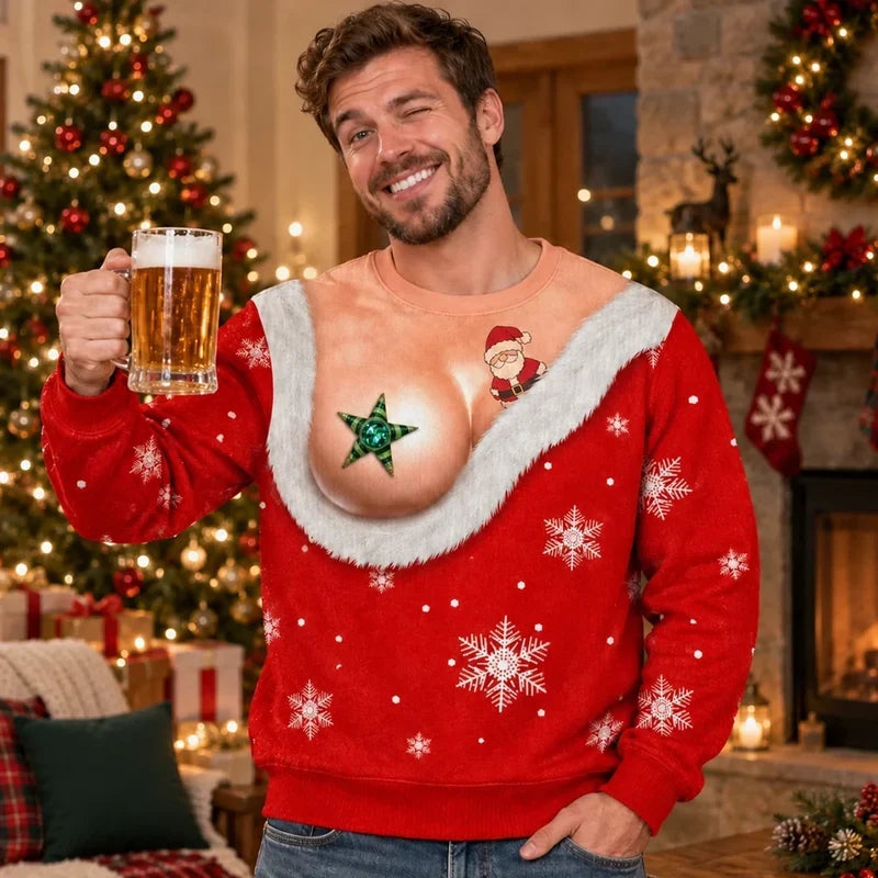 Funny Christmas Ugly Sweater – Realistic Shirtless Santa Belly Illusion Sweater for Men