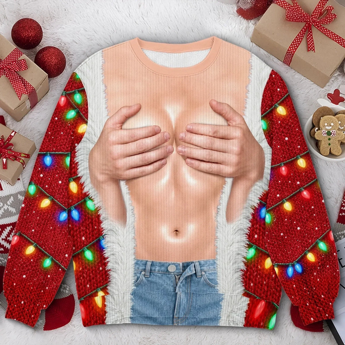 Funny Christmas Muscle Illusion Sweater – Personalized Ugly Christmas Pullover for Women