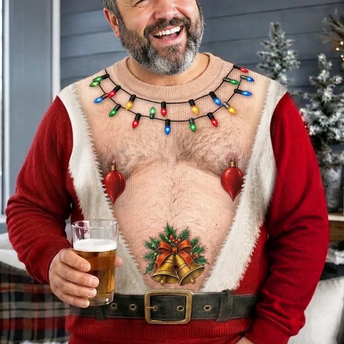 Funny Christmas Ugly Sweater – Santa Belly Illusion Sweater with Christmas Lights for Men