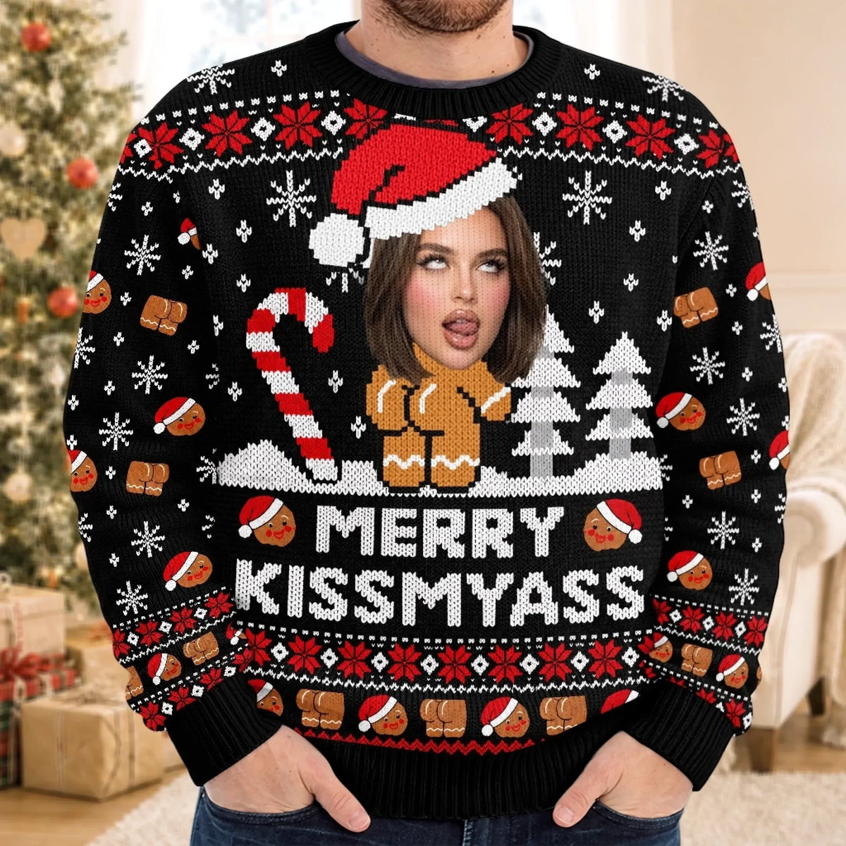 Personalized Christmas Sweater – Custom Photo Merry Kissmyass Ugly Sweater