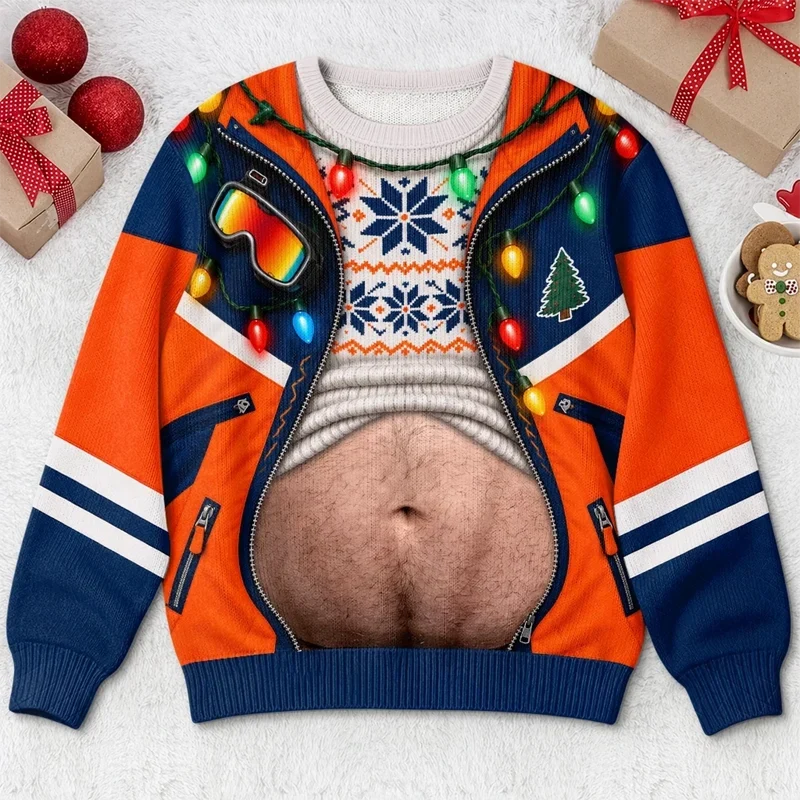 Funny Christmas Belly Sweatshirt – Holiday Lights & Jacket Print Ugly Christmas Pullover