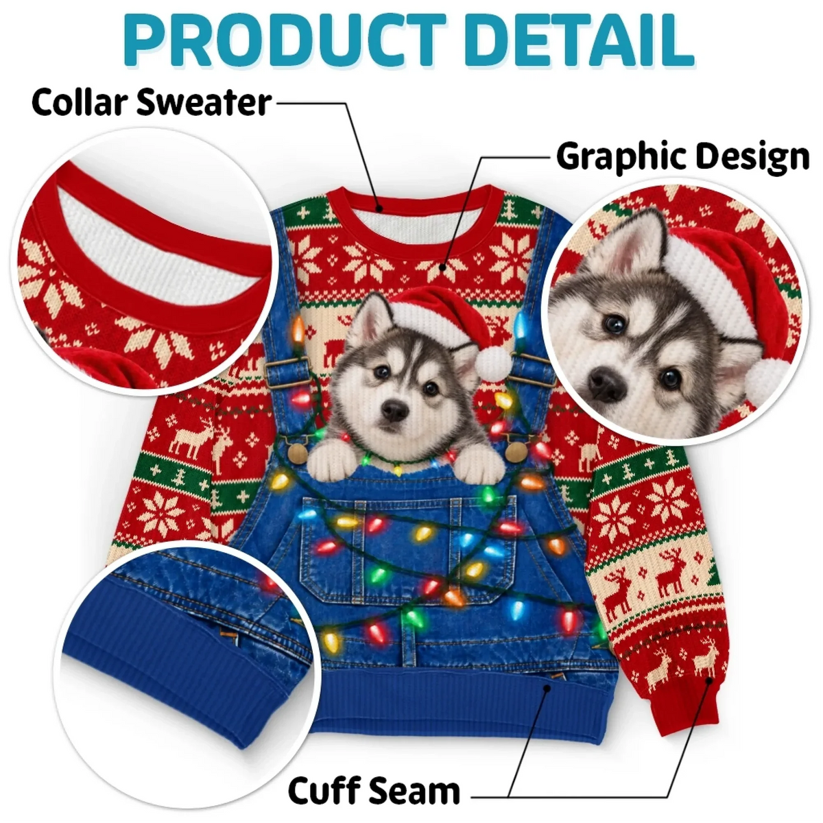 Custom Pet Photo Christmas Sweater – Funny Holiday Overalls Pet Sweatshirt