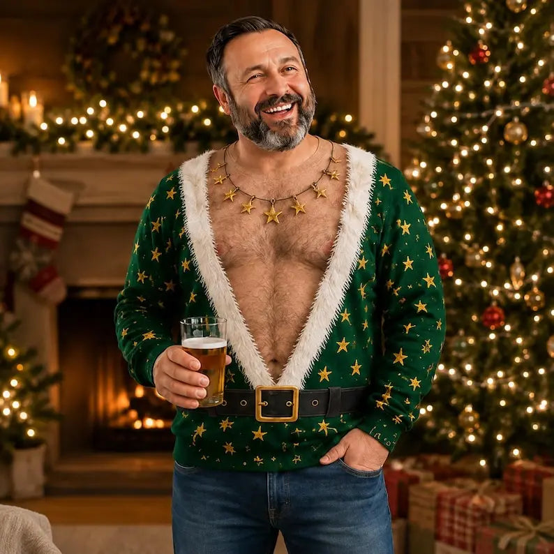 Funny Hairy Chest & Six-Pack Abs Ugly Christmas Sweater – Santa Belt Holiday Party Sweatshirt
