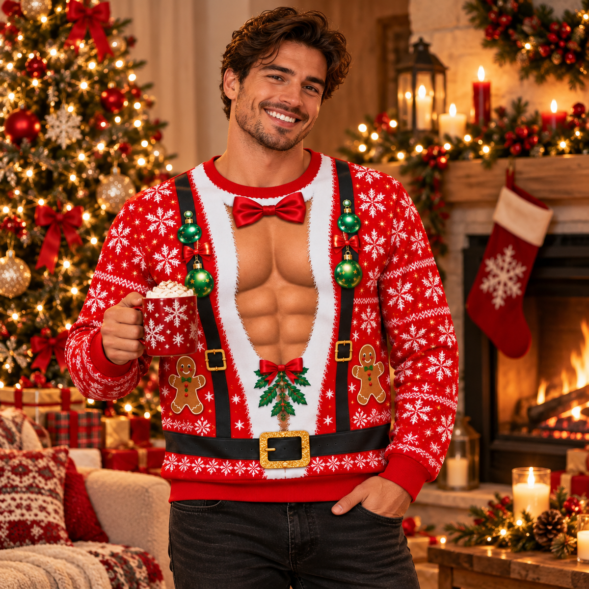 Funny Santa Couple Body Illusion Christmas Sweaters – Matching His & Hers Holiday Party Knitwear