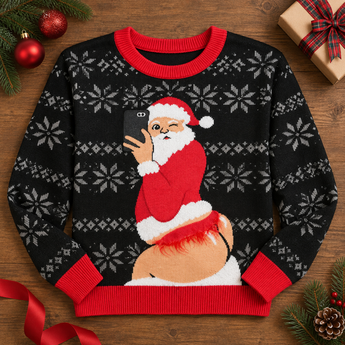 Women’s Selfie Santa Ugly Christmas Sweater – Funny Holiday Party Sweatshirt