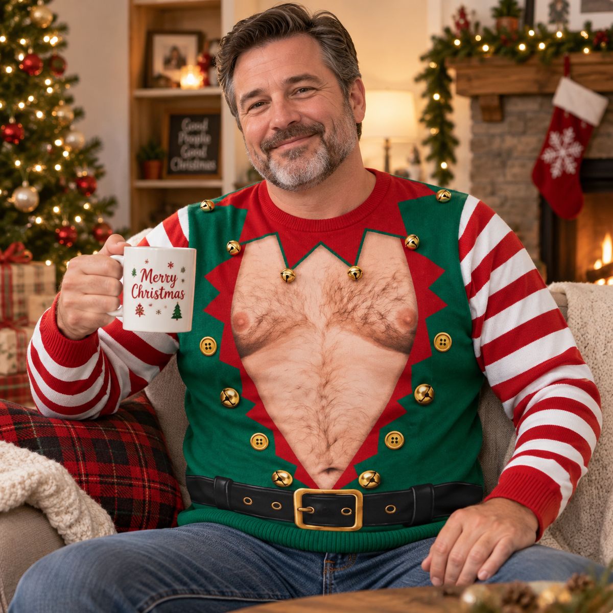 Men’s Funny Hairy Chest & Six-Pack Abs Ugly Christmas Sweater – Santa Belt Holiday Sweatshirt