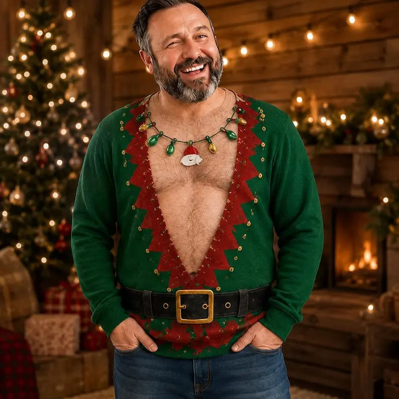 Funny Hairy Chest & Six-Pack Abs Ugly Christmas Sweater – Santa Belt Holiday Party Sweatshirt