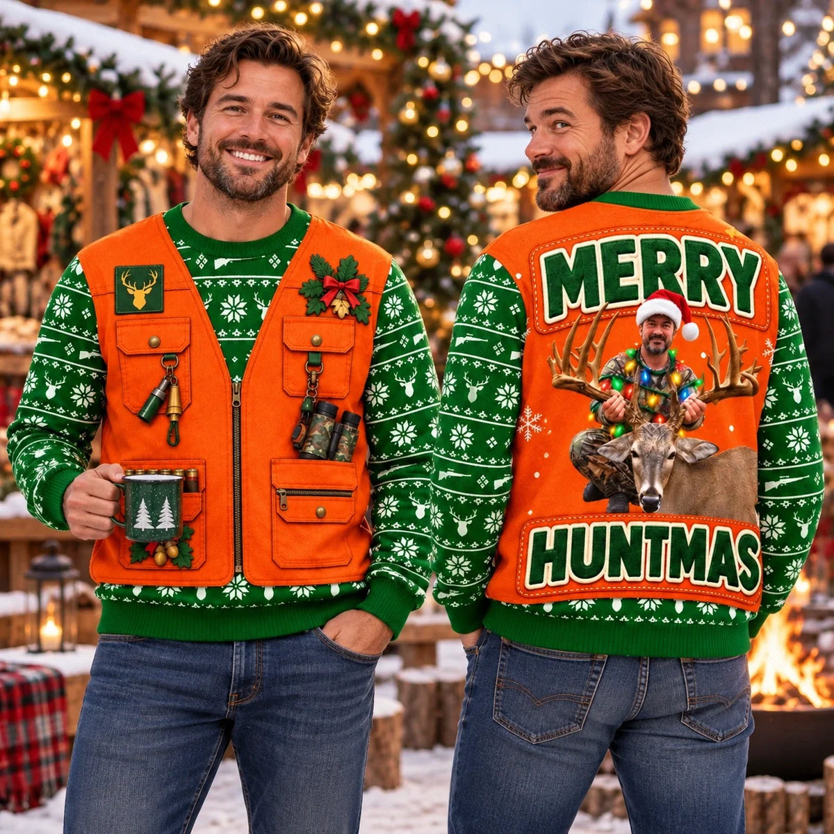 Custom Photo Merry Huntmas Deer Scene for Him - Personalized Ugly Sweatshirt
