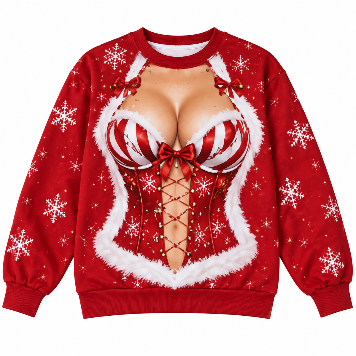 Women’s Funny Christmas Trompe-L’œil Sweatshirt – Santa Corset Illusion Digital Print Holiday Crewneck