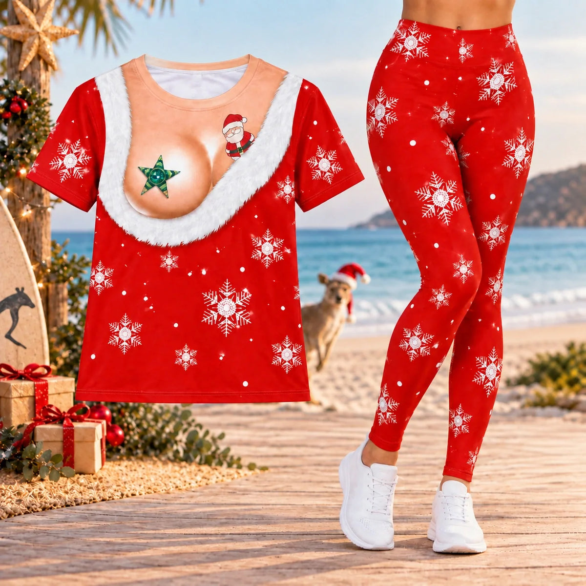 Women’s Funny Christmas Santa Illusion 3-Piece Set – Hoodie, T-Shirt & Leggings