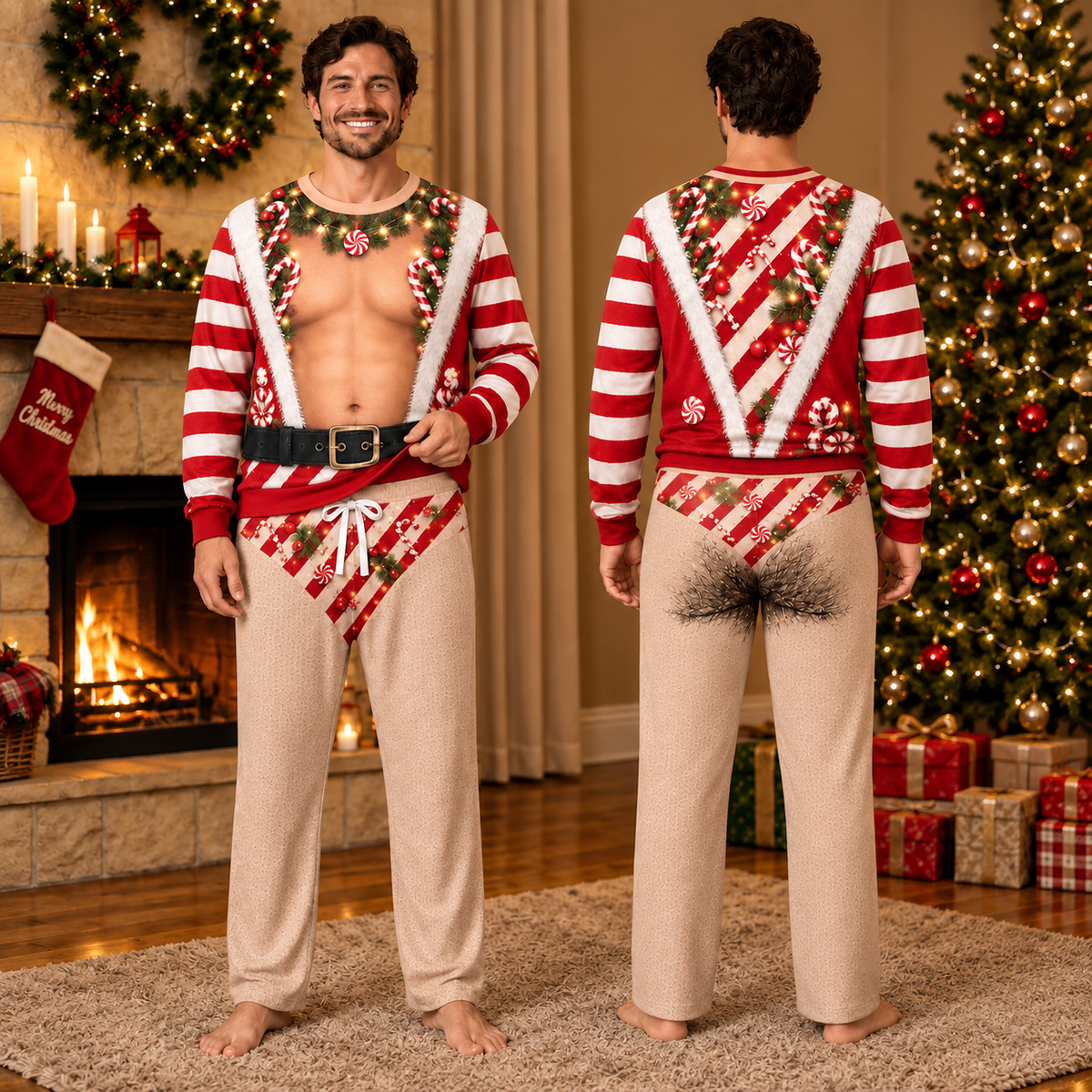 Funny Christmas Fake Body Sweatshirt & Pajama Pants Set