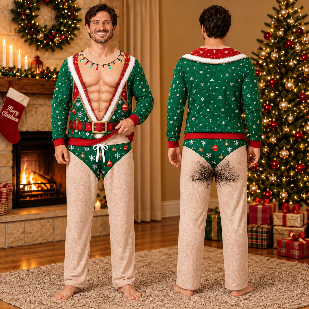 Funny Christmas Fake Body Sweatshirt & Pajama Pants Set