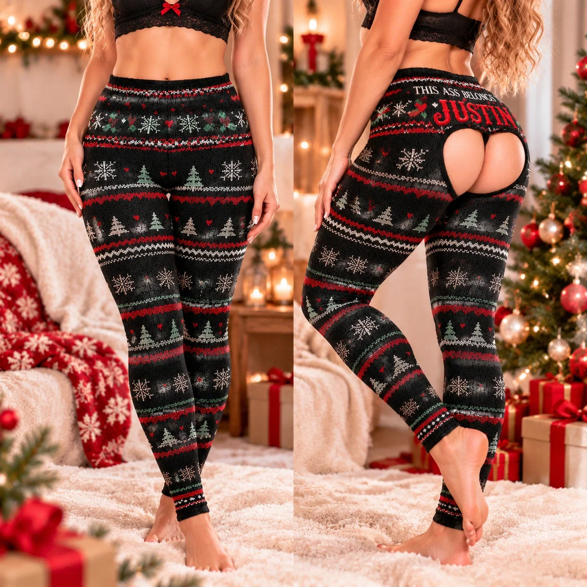Funny Christmas Leggings with Custom Name Print – Naughty Holiday Novelty Pants