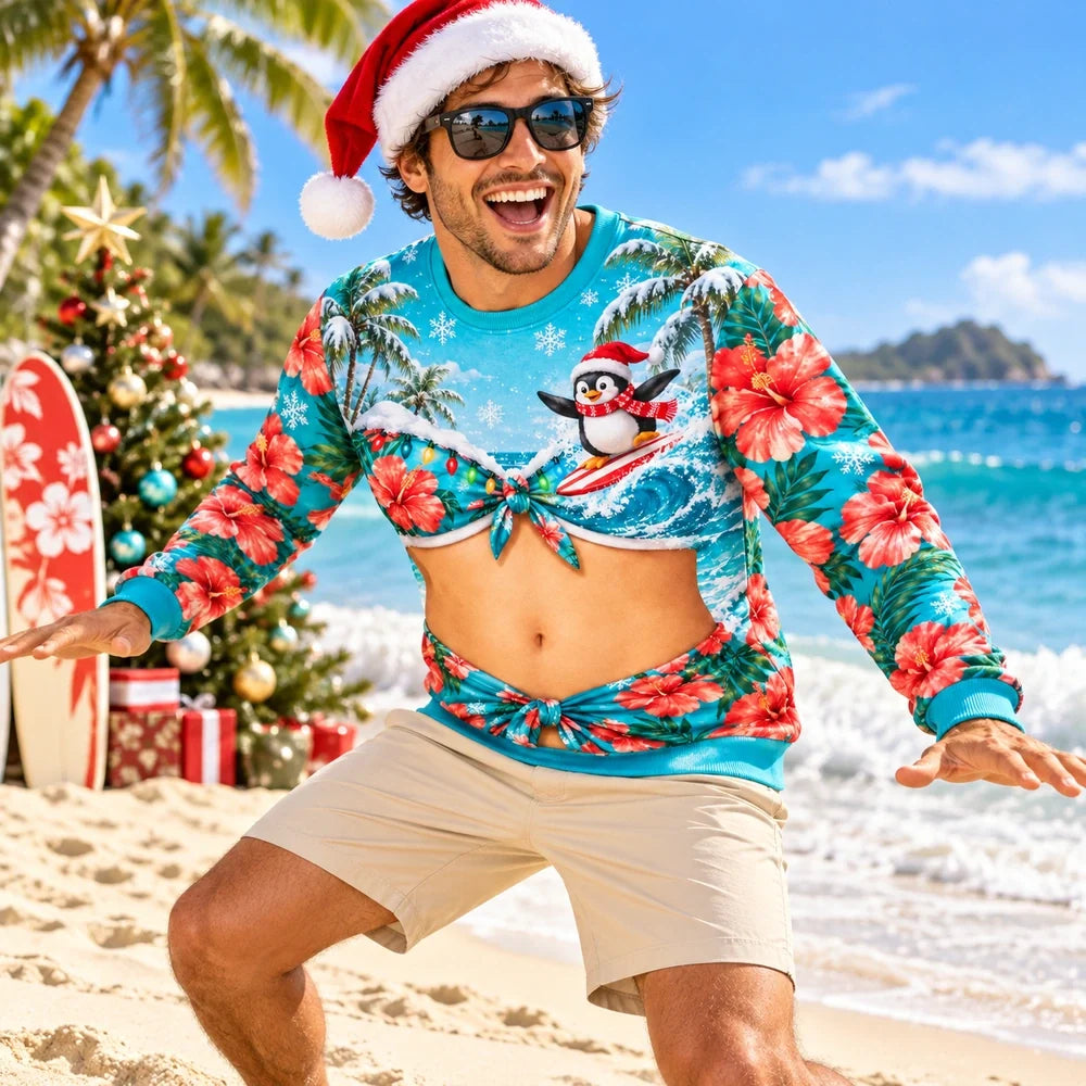 Tropical Penguin Christmas Sweatshirt – Funny Bikini Illusion Print