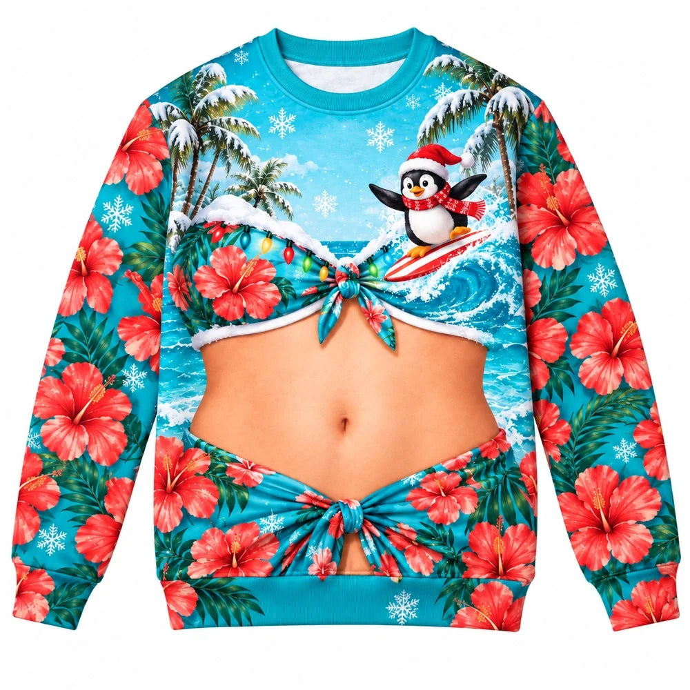 Tropical Penguin Christmas Sweatshirt – Funny Bikini Illusion Print