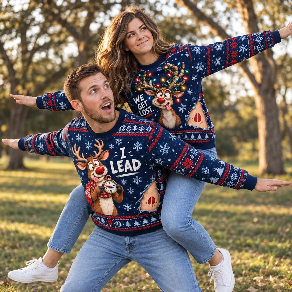 I Lead, We Get Lost — Funny Reindeer Matching Christmas Sweatshirts