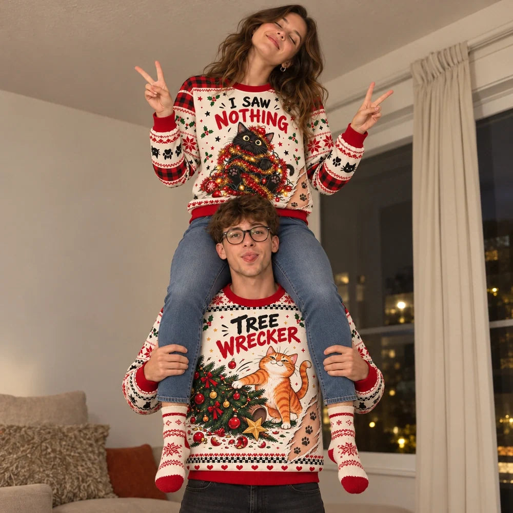 Tree Wrecker & I Saw Nothing — Funny Cat Matching Christmas Sweatshirts