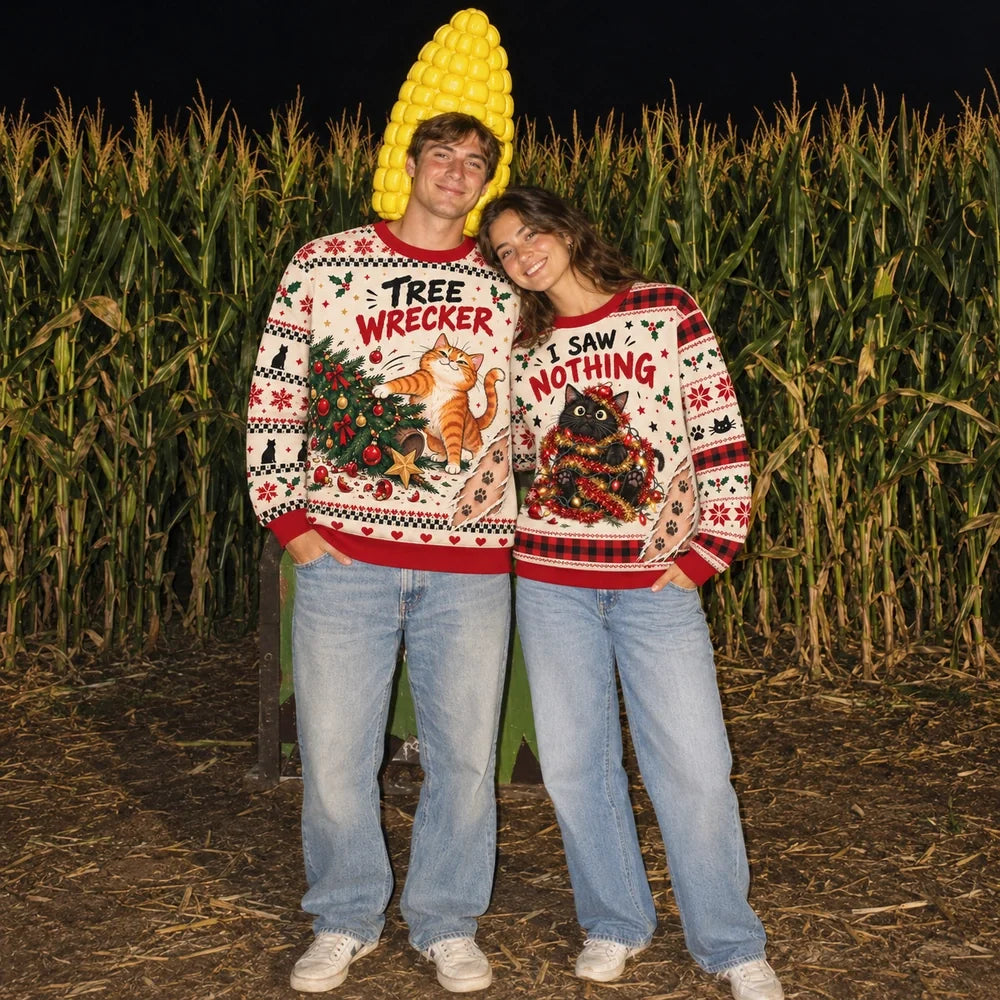 Tree Wrecker & I Saw Nothing — Funny Cat Matching Christmas Sweatshirts