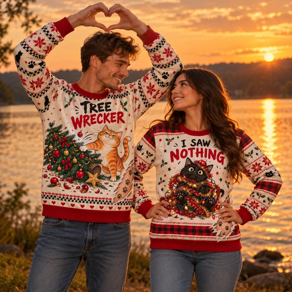Tree Wrecker & I Saw Nothing — Funny Cat Matching Christmas Sweatshirts