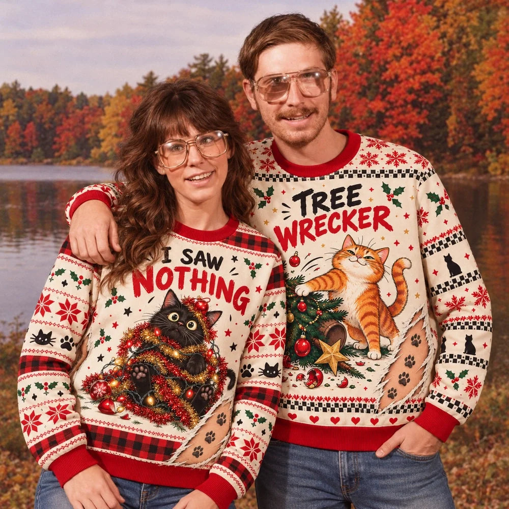 Tree Wrecker & I Saw Nothing — Funny Cat Matching Christmas Sweatshirts