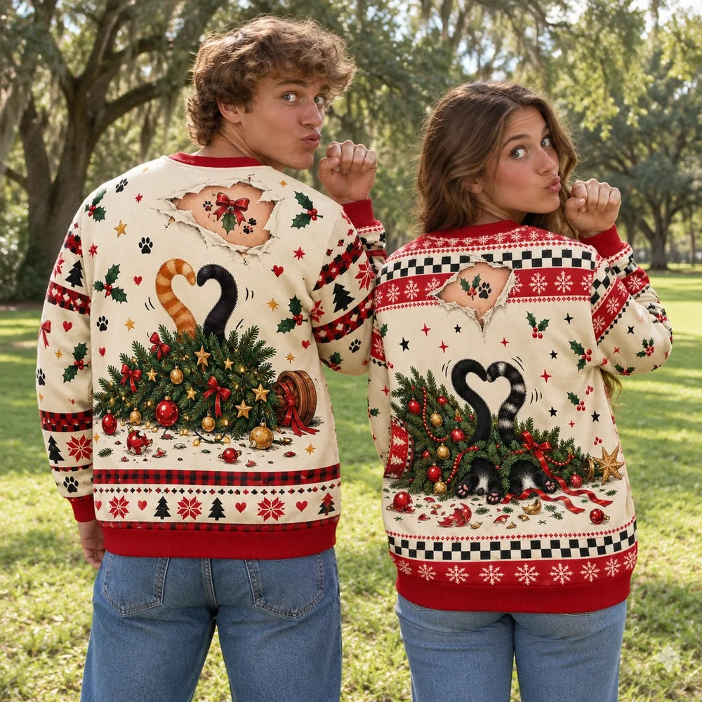 Tree Wrecker & I Saw Nothing — Funny Cat Matching Christmas Sweatshirts