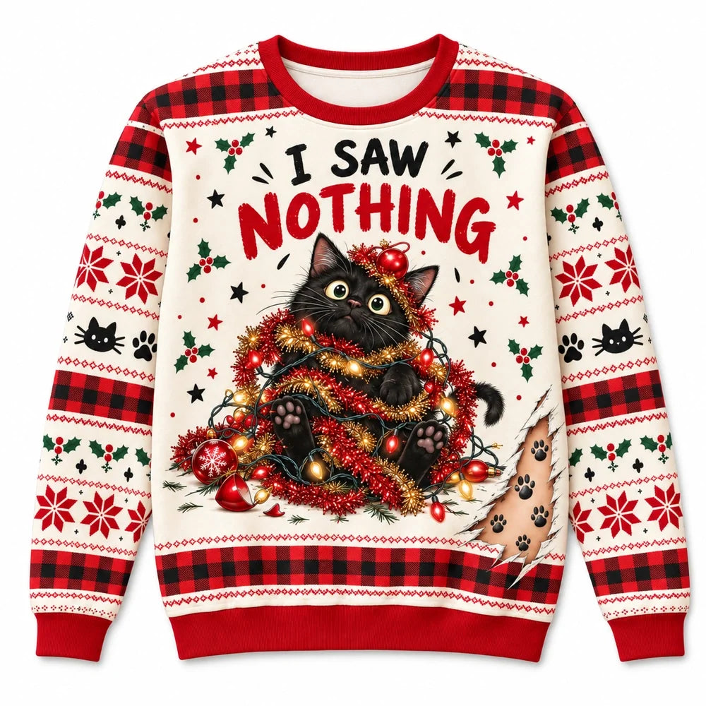 Tree Wrecker & I Saw Nothing — Funny Cat Matching Christmas Sweatshirts