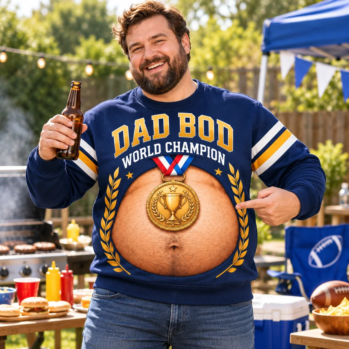 Funny Dad Bod World Champion Sweatshirt – Beer Belly Graphic Pullover, Humorous Gift for Dad & Husband