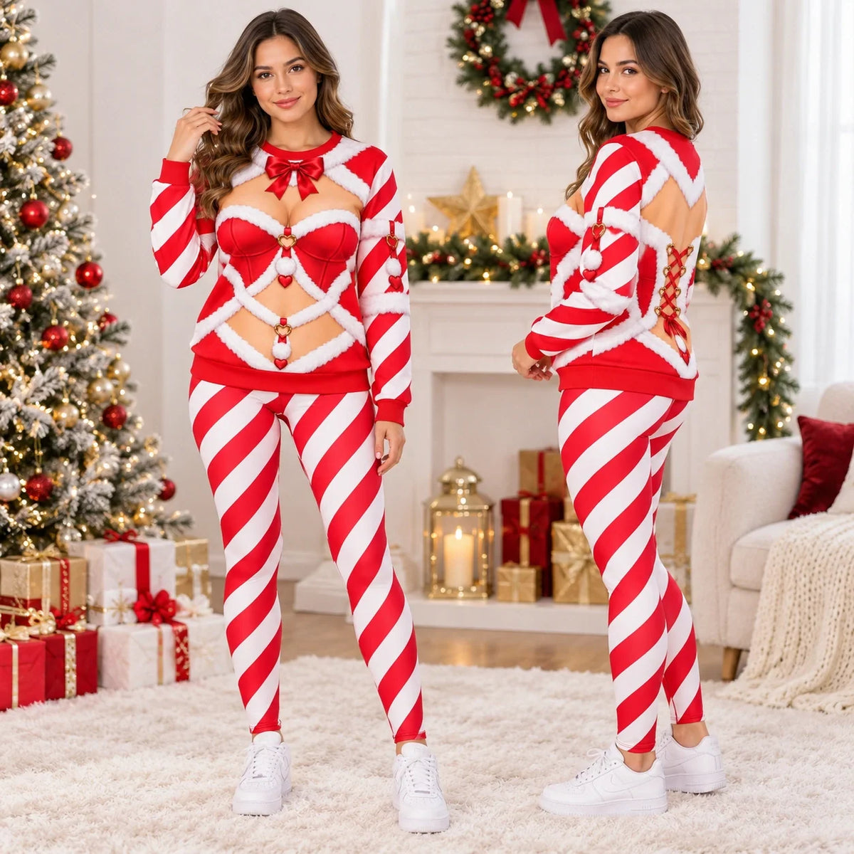 Women's Christmas Candy Cane Print Sweatshirt & Leggings Set
