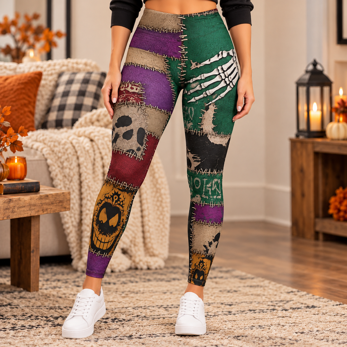 Personalized Skeleton Hand Patchwork Leggings for Women – Custom Name Gothic Print