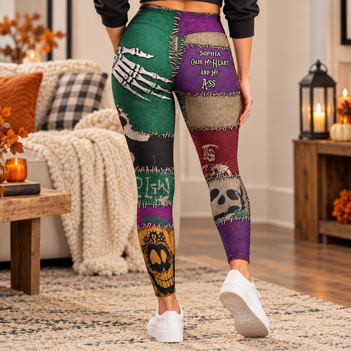 Personalized Skeleton Hand Patchwork Leggings for Women – Custom Name Gothic Print
