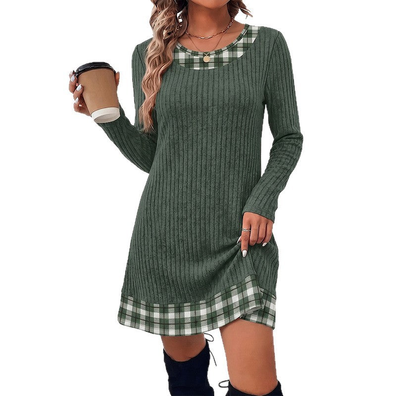 Plaid-Trim Ribbed Dress