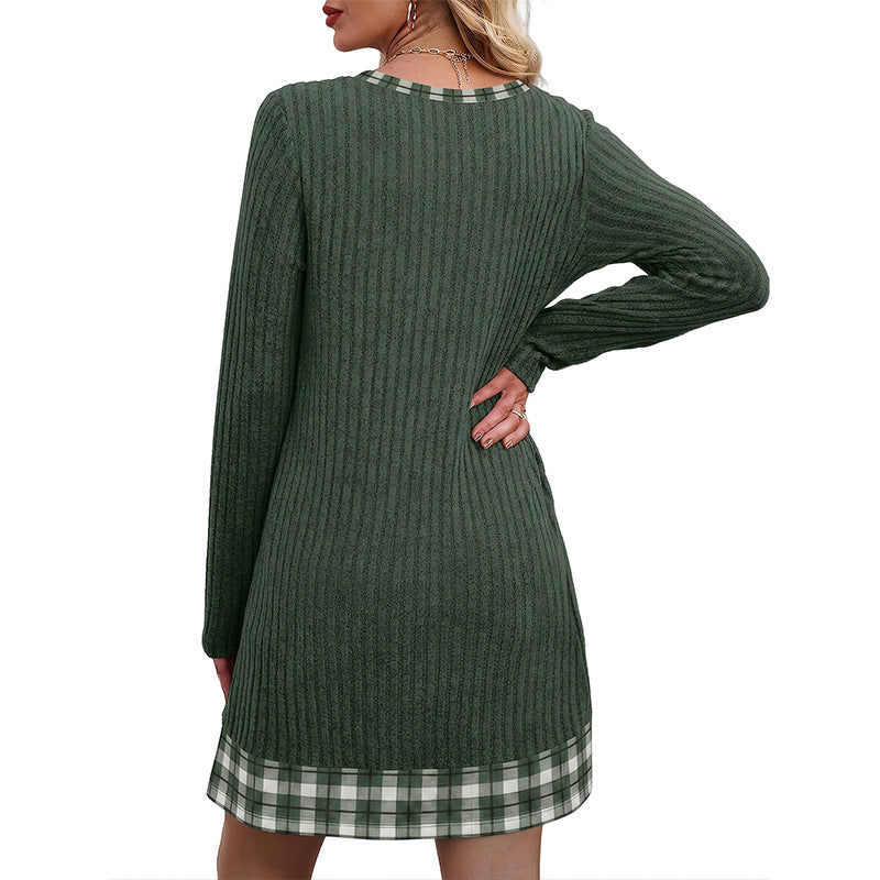 Plaid-Trim Ribbed Dress