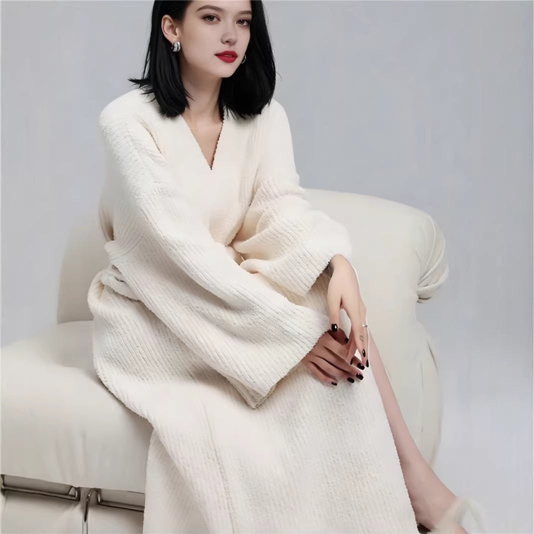 2026 Cross-Border Autumn And Winter New Solid Color Cardigan Nightgown Bathrobe Soft, Comfortable And Casual Can Be Worn Outside Home Wear Women'S Clothing